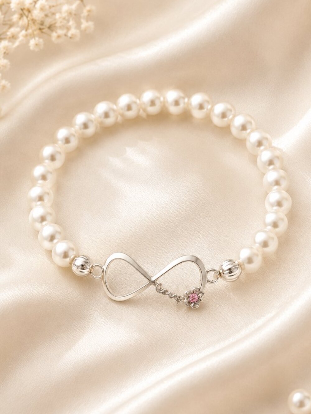 Pearl Stretch Bracelet Silver Infinity Love Charm Pink Rhinestone Gift